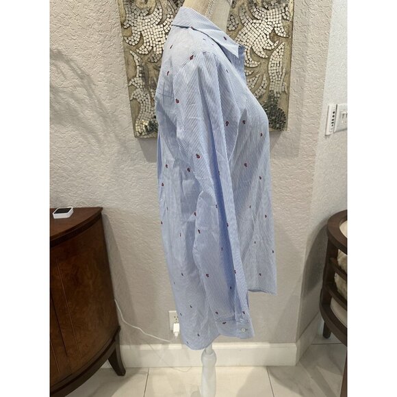 Zara Basic Blue & White Striped Button-Up Shirt With Red Floral Embroidery Size - Picture 3 of 5